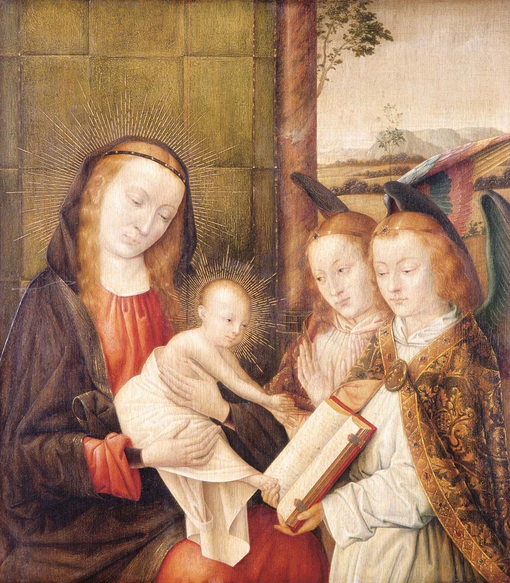 Madona Menino e Dois Anjos Ja Provost - 1465-1529 - Flandres - Óleo sobre madeira 595 x 50cm