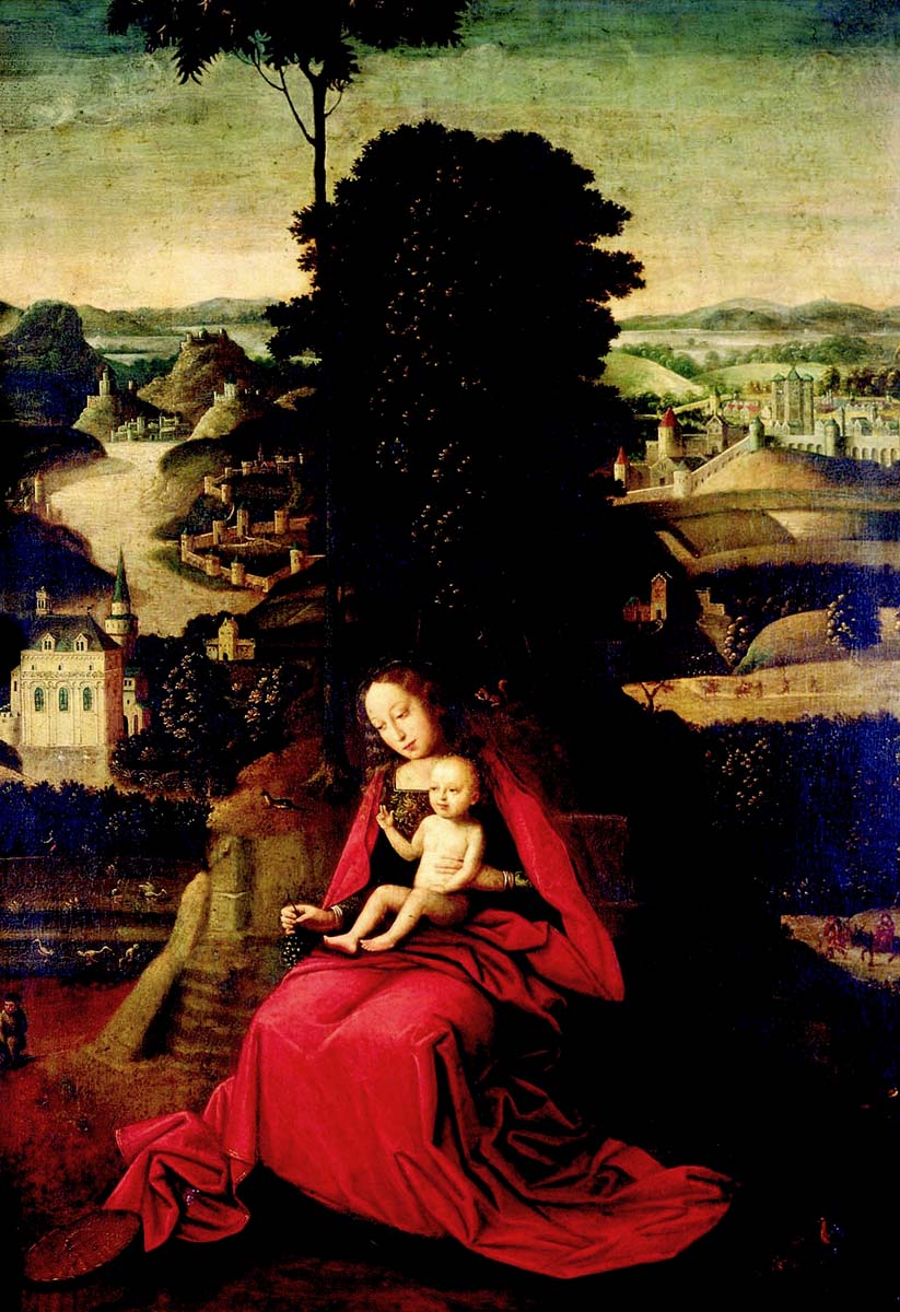 Madona com Menino e Paisagem Adriaen Isenbrandt século XVI Flandres Óleo sobre madeira 106 x 75-cm
